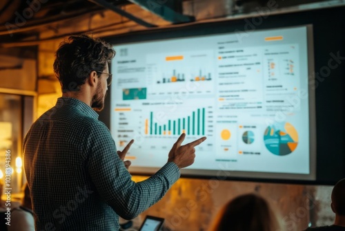 A business professional presenting a financial business plan, earnings, and sales strategy, with important data points highlighted on a large screen photo