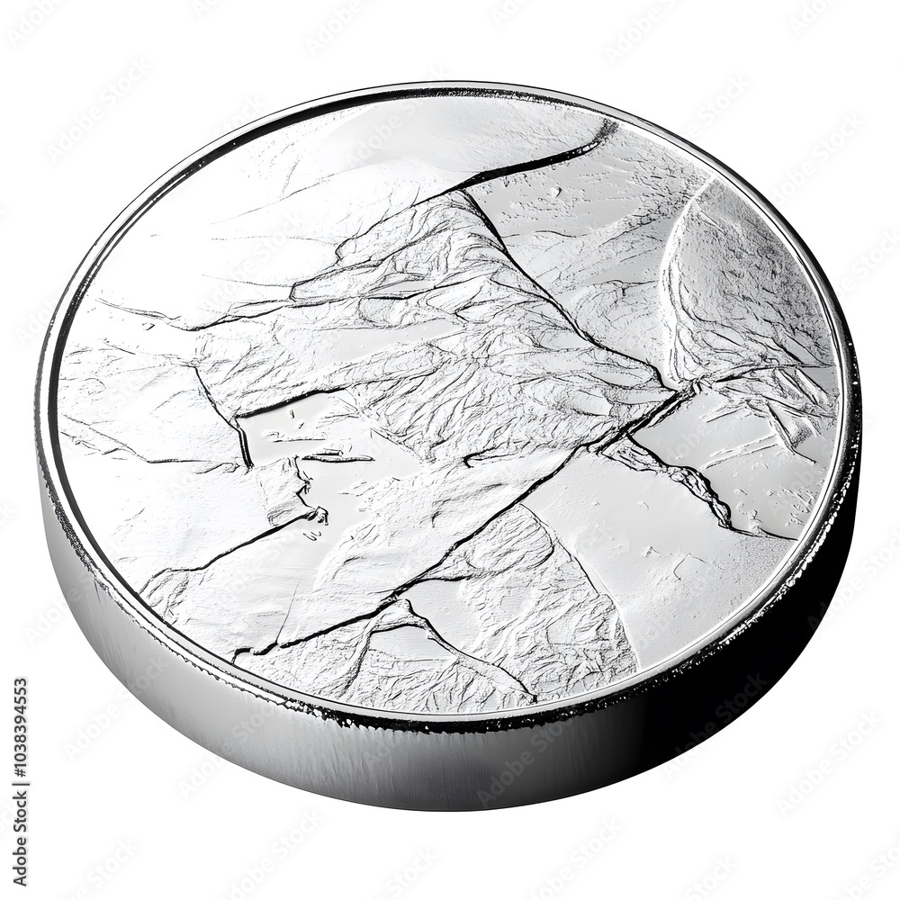 Fototapeta premium Silver coin with cracked ice texture on white background