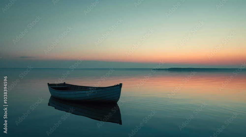 Lone boat on a calm lake at dusk, with a strong contrast between the dark water and the bright horizon Lone boat on a calm lake at dusk, with a strong contrast between the dark water and the bright horizon