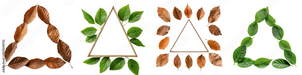 Obraz premium Creative arrangement of green and brown leaves creating decorative triangles on a white background.