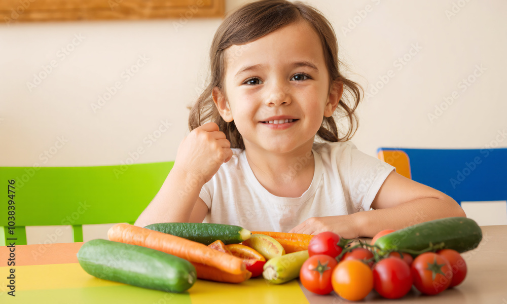 A joyful child sitting at a colorful dining table happily eating a variety of fresh vegetables A joyful child sitting at a colorful dining table happily eating a variety of fresh vegetables