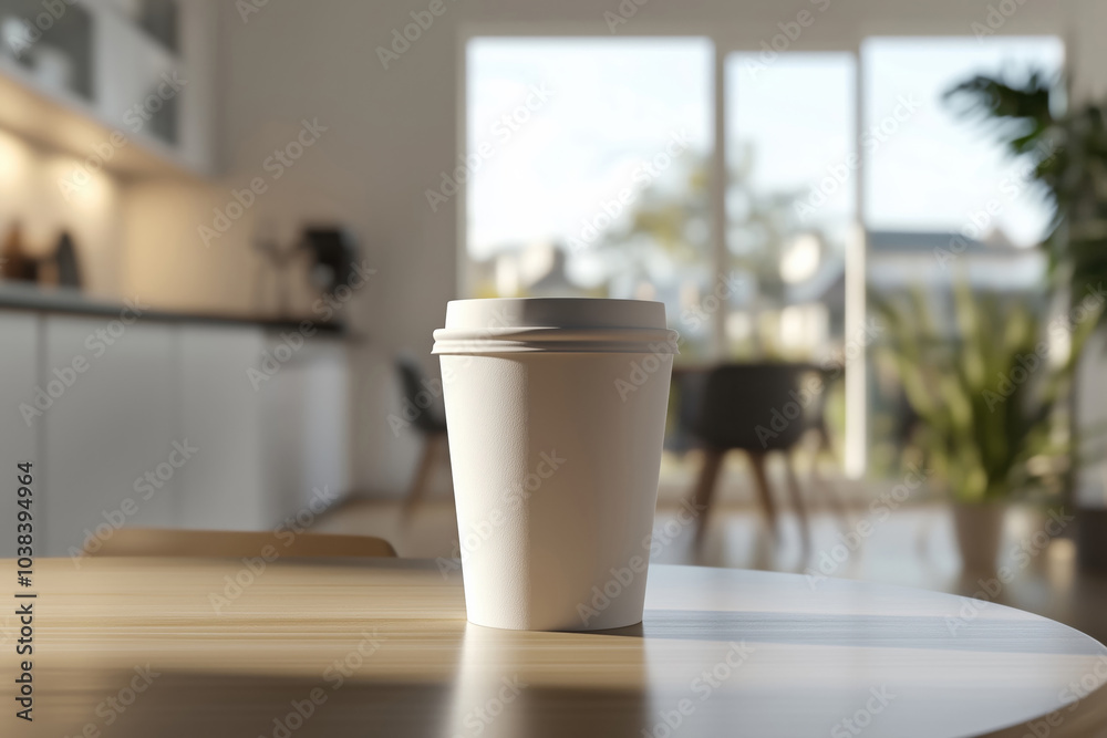 Empty white blank paper coffee cup with free copy space for text, logo or presentation in a modern home kitchen interior Empty white blank paper coffee cup with free copy space for text, logo or presentation in a modern home kitchen interior