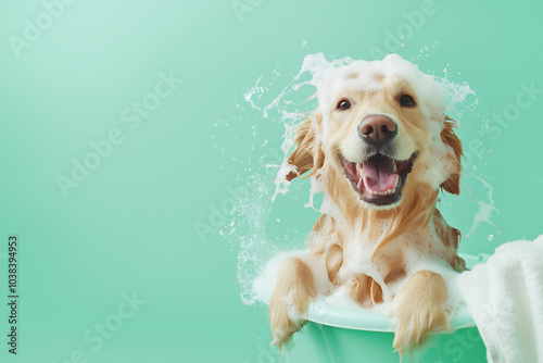 Happy golden retriever dog being washed with soap and water against a green mint background. Dog grooming concept. 