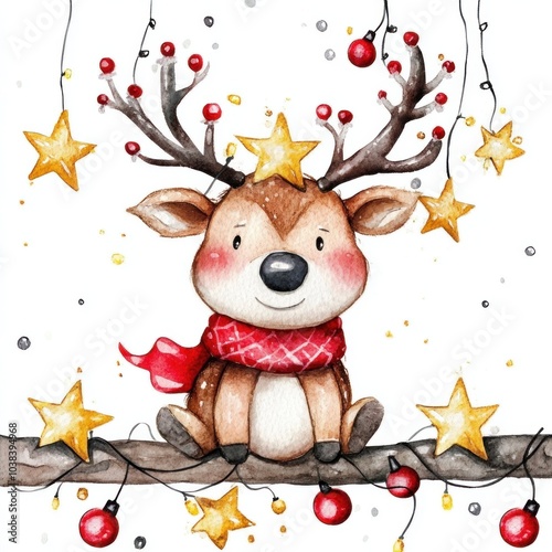 Cartoon reindeer tangled in Christmas lights, watercolor on white background. Holiday and wildlife.