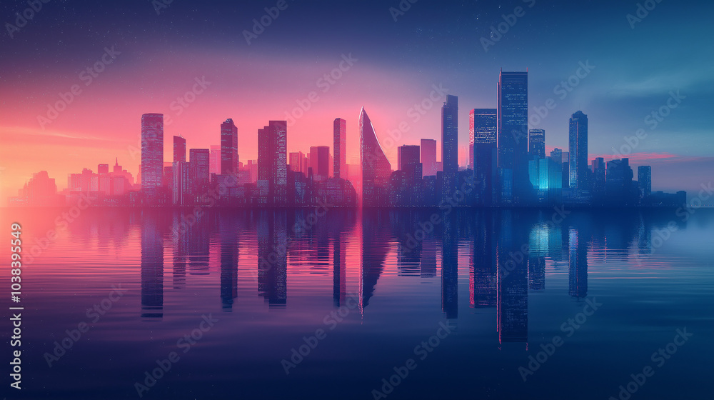Obraz premium Silhouette of a futuristic city on the water, with a skyline reflecting in the calm water below. v2