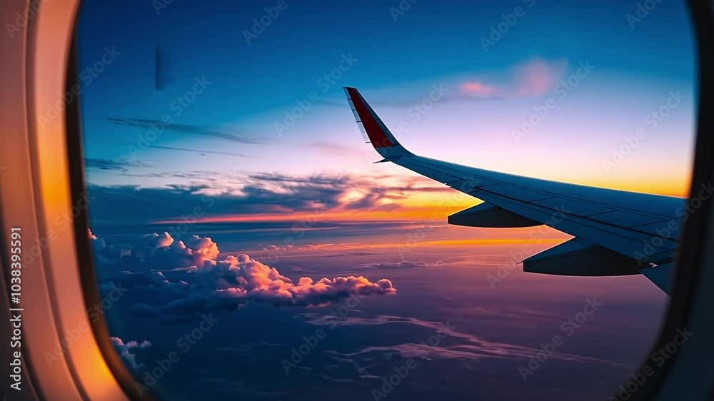 A plane flies over the clouds at sunset, with the sun visible in the background. The window frame on the left adds context to the shot. A plane flies over the clouds at sunset, with the sun visible in the background. The window frame on the left adds context to the shot.
