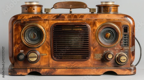 A vintage radio with a wooden exterior photo