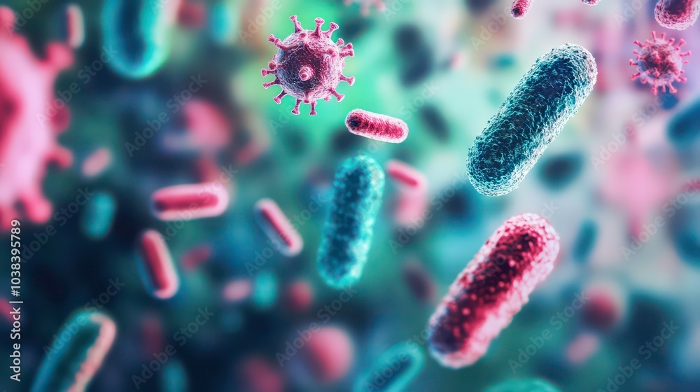 A vibrant and colorful 3D rendering of various types of bacteria floating in space, including a pink virus, a green rod-shaped bacteria, and blue rod-shaped bacteria. A vibrant and colorful 3D rendering of various types of bacteria floating in space, including a pink virus, a green rod-shaped bacteria, and blue rod-shaped bacteria.