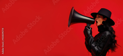 Beautiful woman in black shouting into megaphone announcing discounts and sales, on red background with copy space. Concept of all day shopping, black friday, rush, news, advertisement