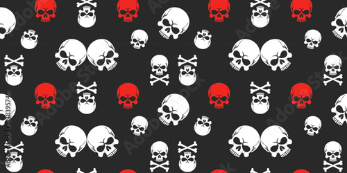 Seamless Halloween pattern with orange and white skulls, crossbones on a black background. Spooky and gothic design for textiles, wallpapers and print. Vector.
