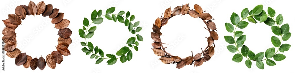 Four distinct wreaths made from leaves and twigs on a white isolated background. Four distinct wreaths made from leaves and twigs on a white isolated background.