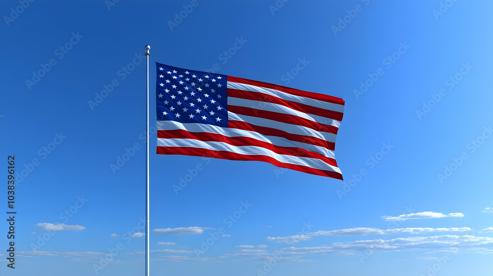 Obraz premium American Flag Waving in the Wind Against Blue Sky.