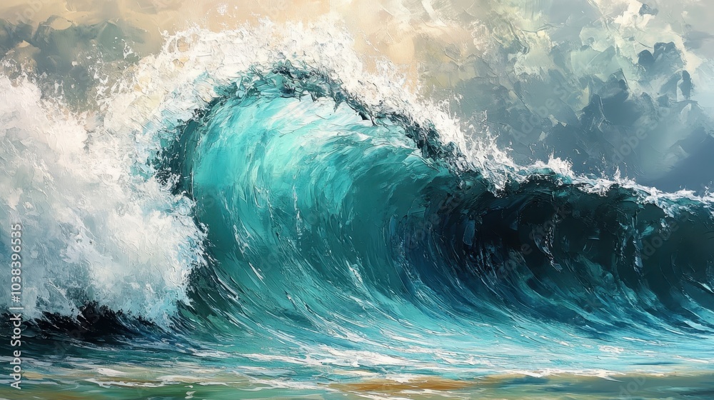 Obraz premium Close-up of a turquoise ocean wave crashing against the surface, creating a foamy white crest