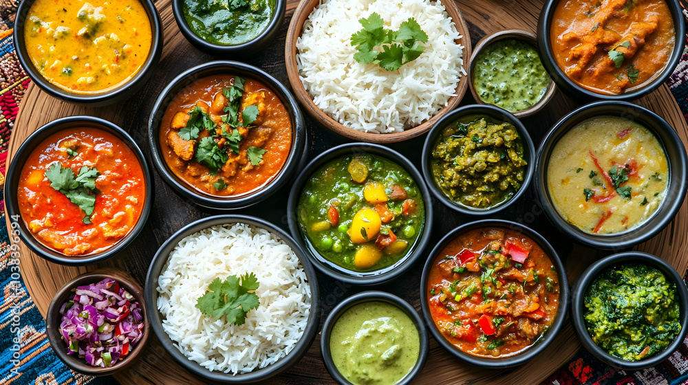 Indian Food with Rice and Various Sauces. Indian Food with Rice and Various Sauces.