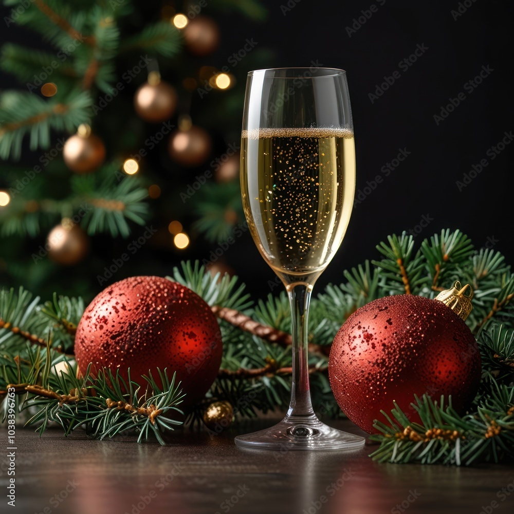 A glass of champagne sits in front of a Christmas tree with red and gold ornaments. A glass of champagne sits in front of a Christmas tree with red and gold ornaments.