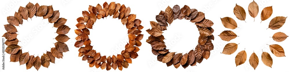 Natural leaf arrangements in circular patterns on a white background. Natural leaf arrangements in circular patterns on a white background.