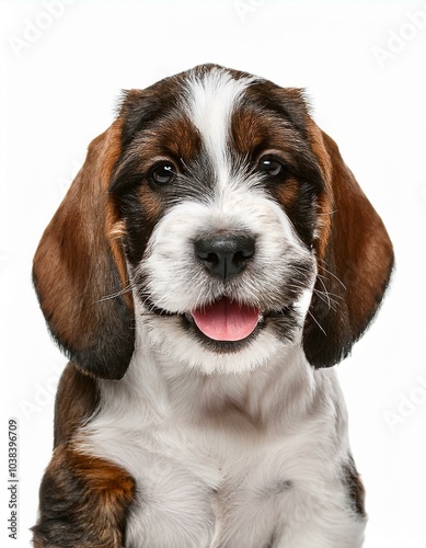 笑顔のプチ・バセット・グリフォン・バンデーンの子犬のポートレート（Portrait of a smiling Petit Basset Griffon Vendeen puppy on white background）
 photo