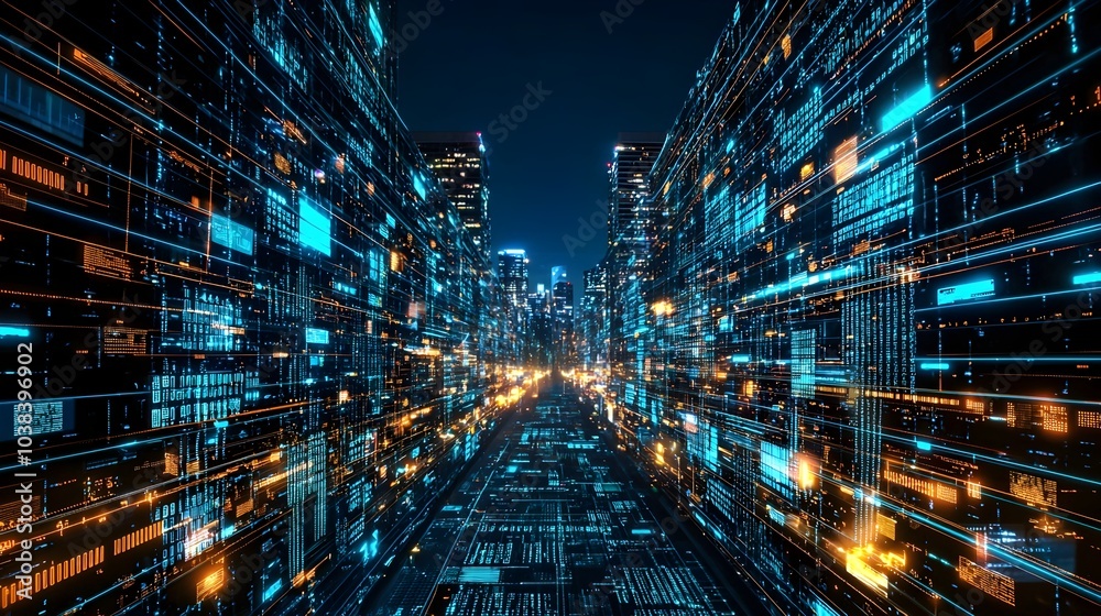 Futuristic Cityscape of Glowing Data Streams and Privacy Walls Protecting Sensitive Buildings Futuristic Cityscape of Glowing Data Streams and Privacy Walls Protecting Sensitive Buildings