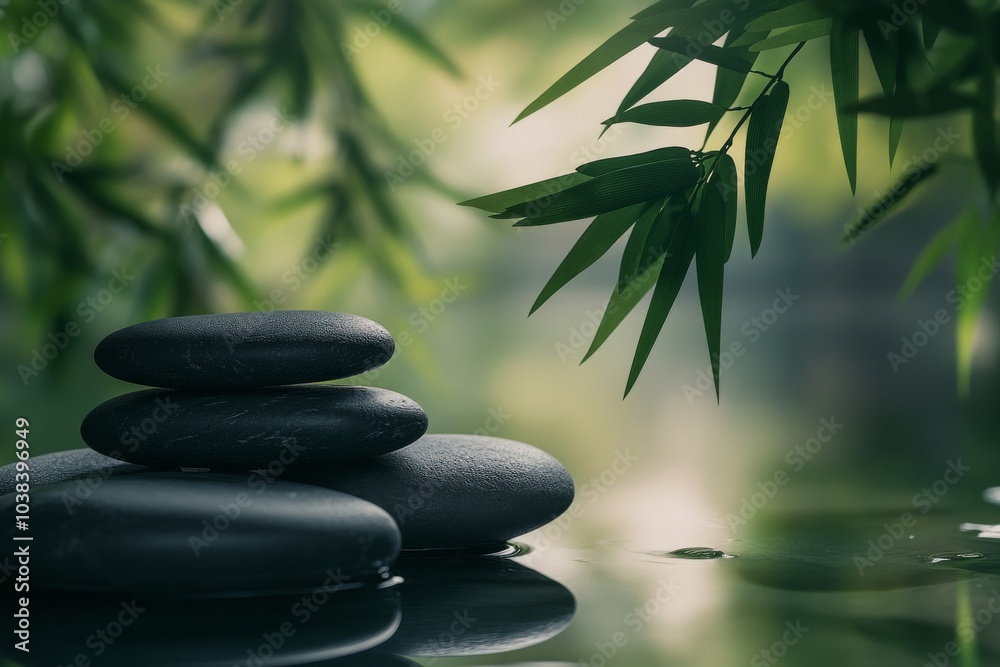 Serene Composition of Balanced Stones and Bamboo Serene Composition of Balanced Stones and Bamboo