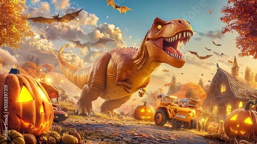 Halloween Dinosaurs   T-rex towering over haunted village, pumpkins and eerie lights, 3D illustration