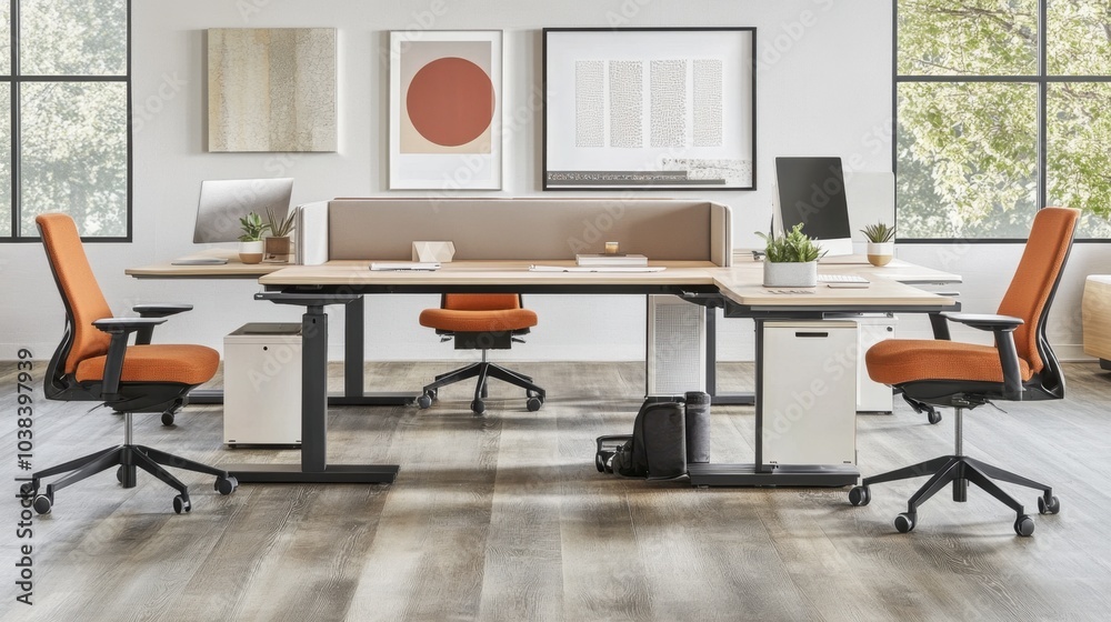 Modern Office Workspace with Orange Accents Modern Office Workspace with Orange Accents