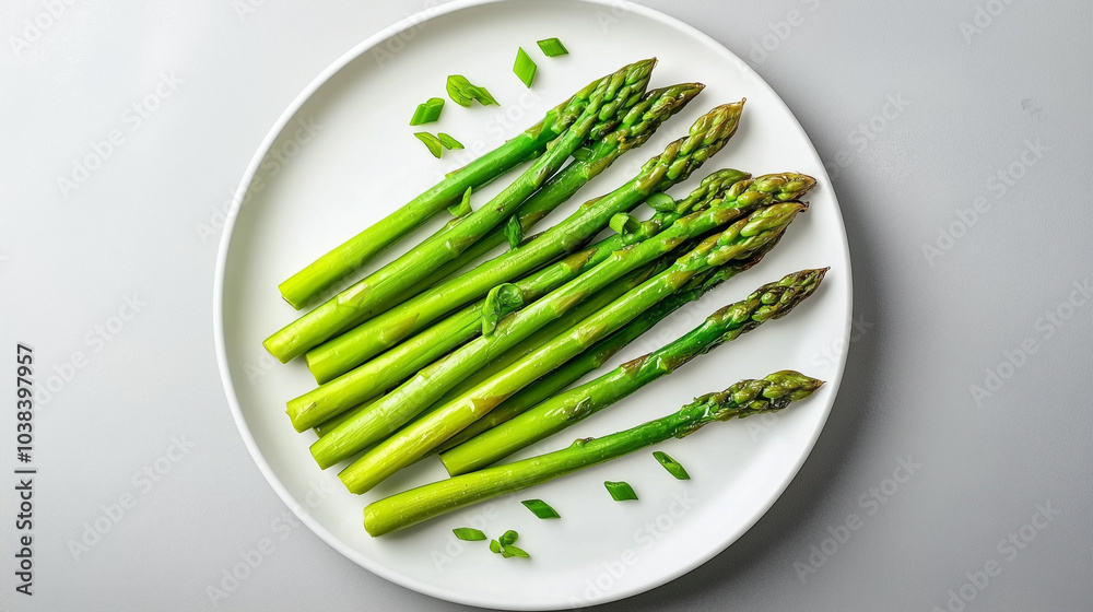 A plate of green asparagus with a green stem A plate of green asparagus with a green stem
