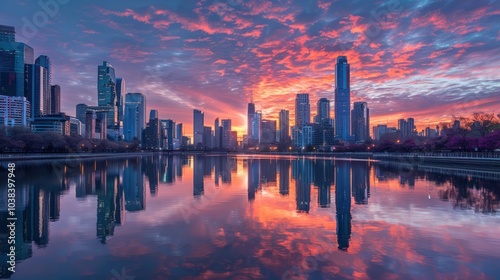 A modern city skyline reflected in a calm river at dawn