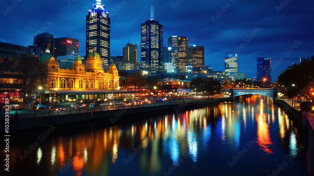 Obraz premium Illuminated City Skyline at Night