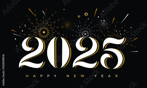 Happy New Year 2025 design with typography number on fireworks vector background design.