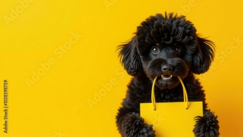 Black dog holding yellow shopping bag against bright yellow background. Black Friday shopping and retail concept. Design for banner, poster, header