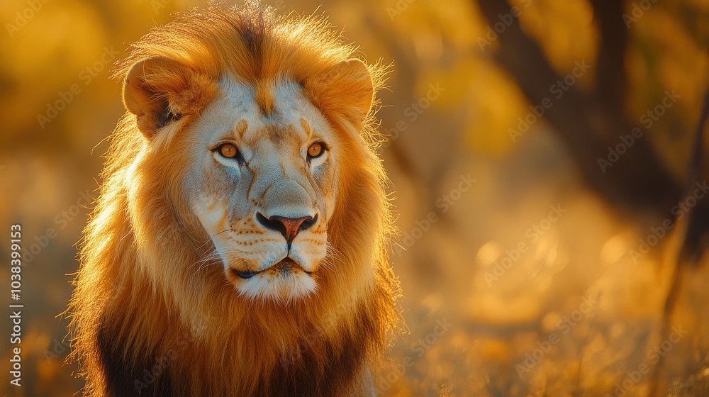 Fototapeta premium Up close and personal with perfect lion in natural habitat. Showcasing fierce and serious gaze as wild predator in exotic natural world. Animal themes wildlife concept. Copy ad text space. Generate Ai