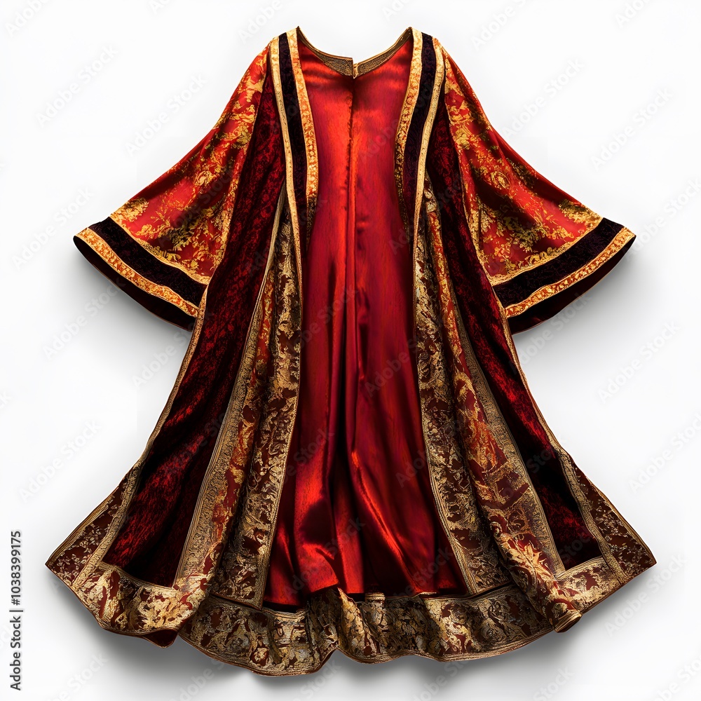 Exquisite ornate red and gold brocade robe with intricate patterns on white background Exquisite ornate red and gold brocade robe with intricate patterns on white background