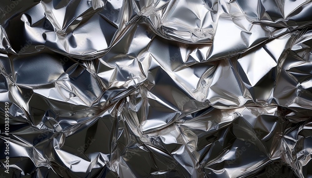 Highly Textured Crinkled Metallic Foil with Reflective Silver Surface. Perfect for Industrial Design Concepts, Futuristic Backgrounds, High Tech Packaging, or Modern Abstract Art Projects