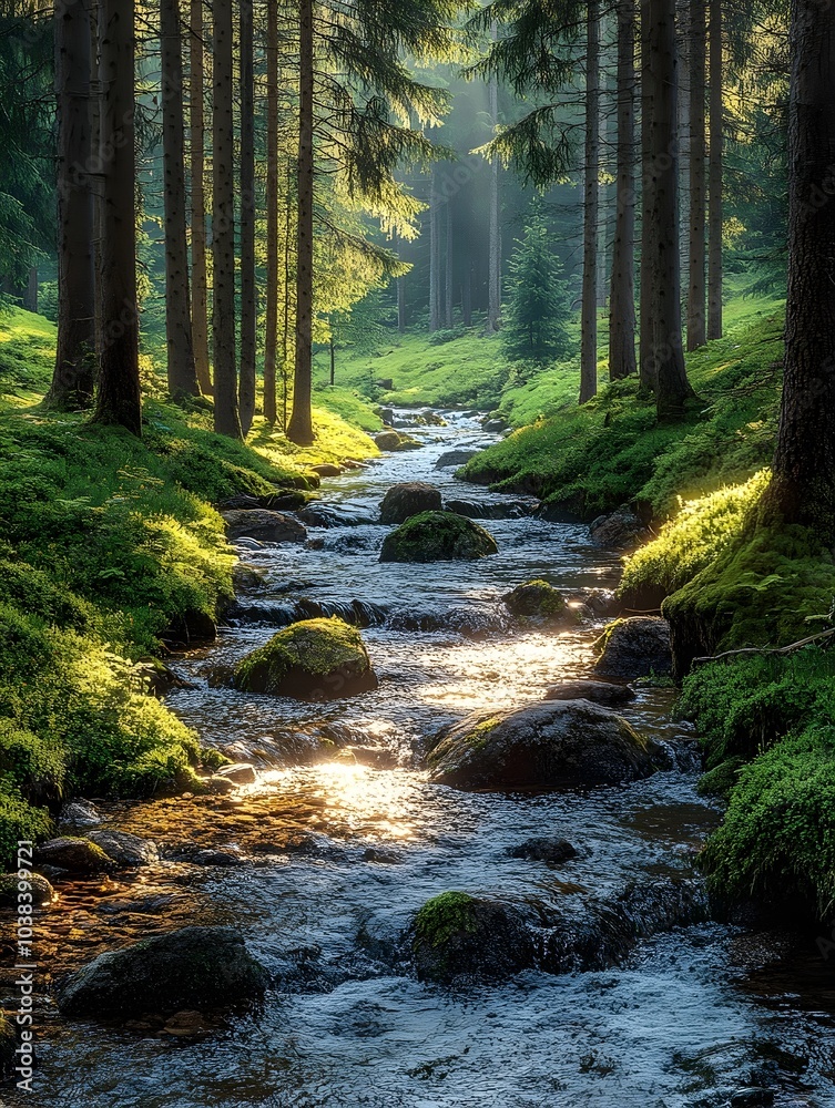 Obraz premium A serene forest scene featuring a gentle stream winding through tall trees, illuminated by soft sunlight filtering through the foliage.