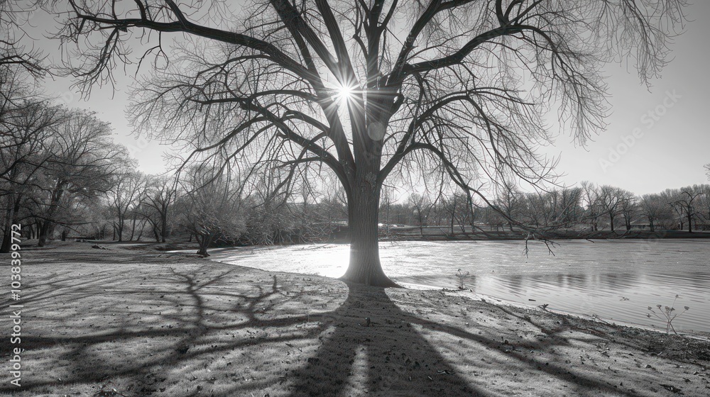 Fototapeta A black and white photograph of a tree with sunlight filtering through the branches, casting intricate shadows