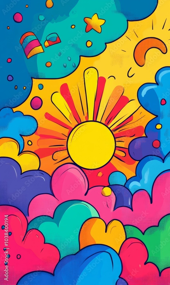 Naklejka premium Colorful cartoon sun with clouds and stars.