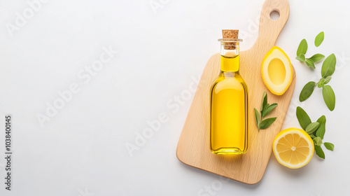 A bottle of olive oil sits on a wooden cutting board with a lemon