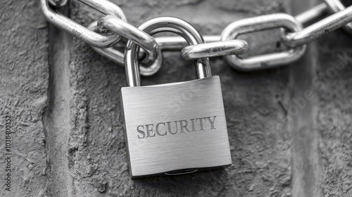 A close-up of a secure padlock attached to a chain, symbolizing safety and protection in a monochrome style. photo