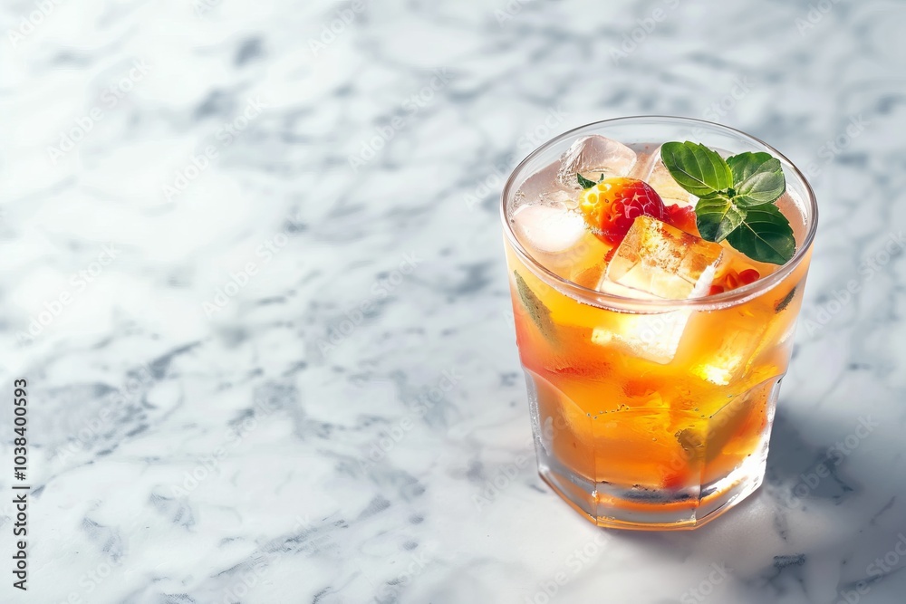 A refreshing glass of kombucha with ice cubes and a fruit garnish, placed on a marble countertop.Fermented kombucha tea.Kombucha mushroom.Kombucha. A refreshing glass of kombucha with ice cubes and a fruit garnish, placed on a marble countertop.Fermented kombucha tea.Kombucha mushroom.Kombucha.