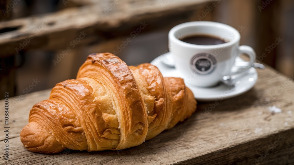 Fresh croissant with coffee on rustic wooden table. Fresh croissant with coffee on rustic wooden table.