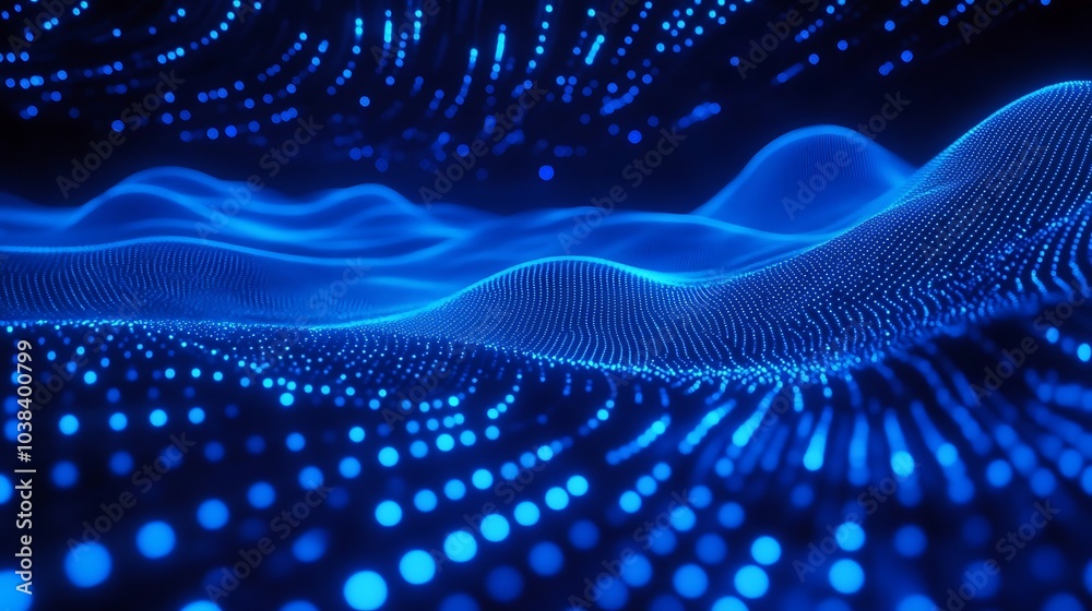 A glowing network of blue points stretching across a transparent wavy surface, leading into an infinite abstract digital space. A glowing network of blue points stretching across a transparent wavy surface, leading into an infinite abstract digital space.