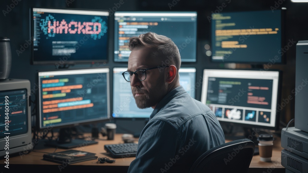 Obraz premium A focused hacker analyzes code on multiple monitors, revealing a high-tech workspace filled with screens and programming data.