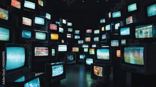 A wall of vintage televisions with static and colorful images playing on their screens, in a dark room, creating a sense of overwhelming information. photo