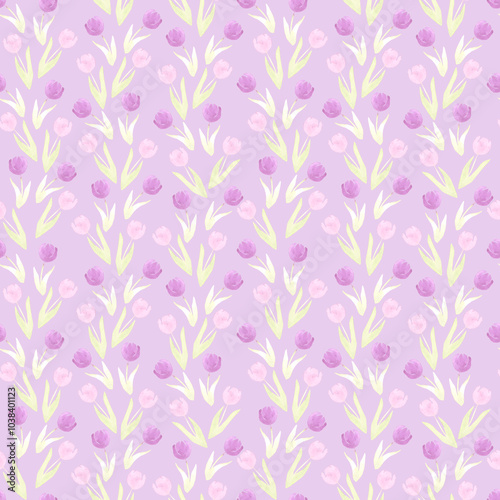 Hand drawn watercolor tulips seamless pattern isolated on purple background. Can be used for textile, fabric, scrapbook and other printed products.