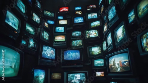 A wall of vintage televisions displaying various images and footage, creating a mesmerizing and somewhat overwhelming visual experience. photo