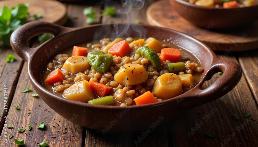 Vegetable stew with lentils and potatoes in a rustic bowl Vegetable stew with lentils and potatoes in a rustic bowl