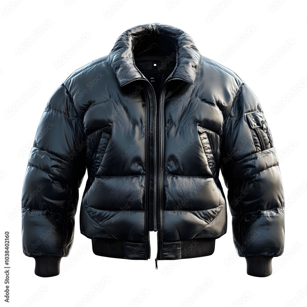Sleek black puffer jacket with high collar and zipper design Sleek black puffer jacket with high collar and zipper design