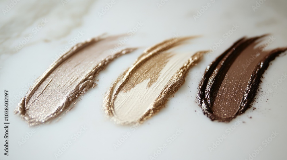 A trio of eyeshadow smears in beige, brown, and gold shades on a white surface, showcasing rich textures and shimmering pigments A trio of eyeshadow smears in beige, brown, and gold shades on a white surface, showcasing rich textures and shimmering pigments