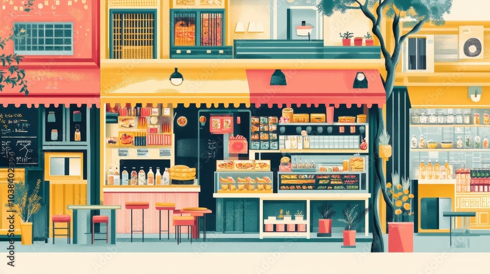 Fototapeta premium Colorful Market Scene with Shops and Cafes