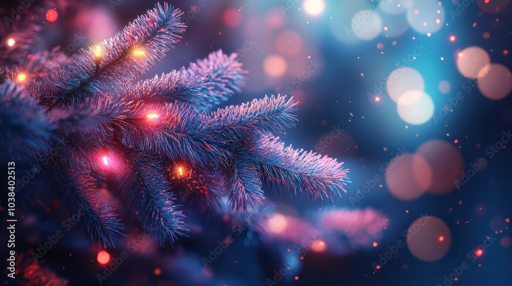 Fototapeta premium New Year's trees, a branch of a conifer tree, which is decorated with colorful neon lights. Blurred background. Christmas illustration, Generative AI.